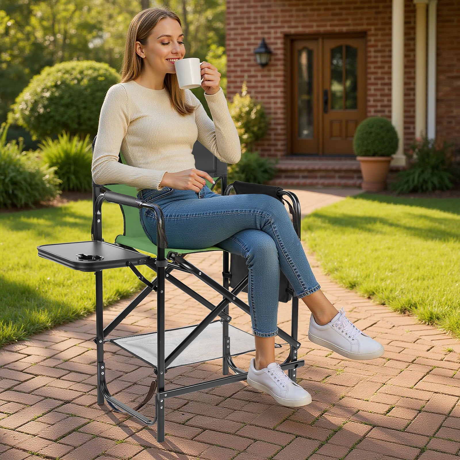26" Tall Directors Chair with Footrest, 4Portable Bar Height Folding Camping Chair with Built-in Cup Holder, Side Table, Storage Pocket, Olive