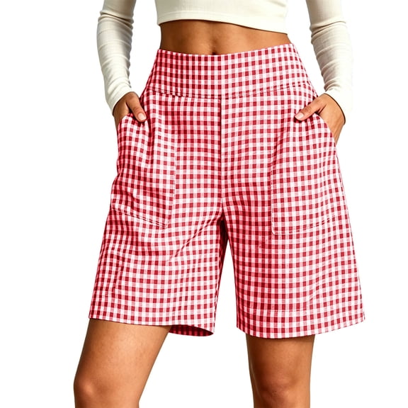 Hurxie Womens Gingham Lounge Shorts High Waisted Summer Pajama Beach Casual Loose Fit Summer Shorts with Pockets Red,L