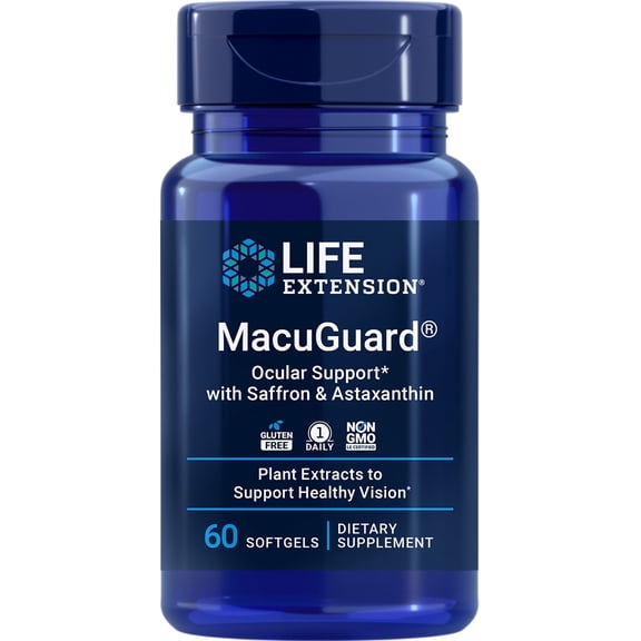 Life Extension, MacuGuard® Ocular Support with Saffron & Astaxanthin, eye health supplement, sharp vision support, carotenoid blend 208 mg, 60 softgels