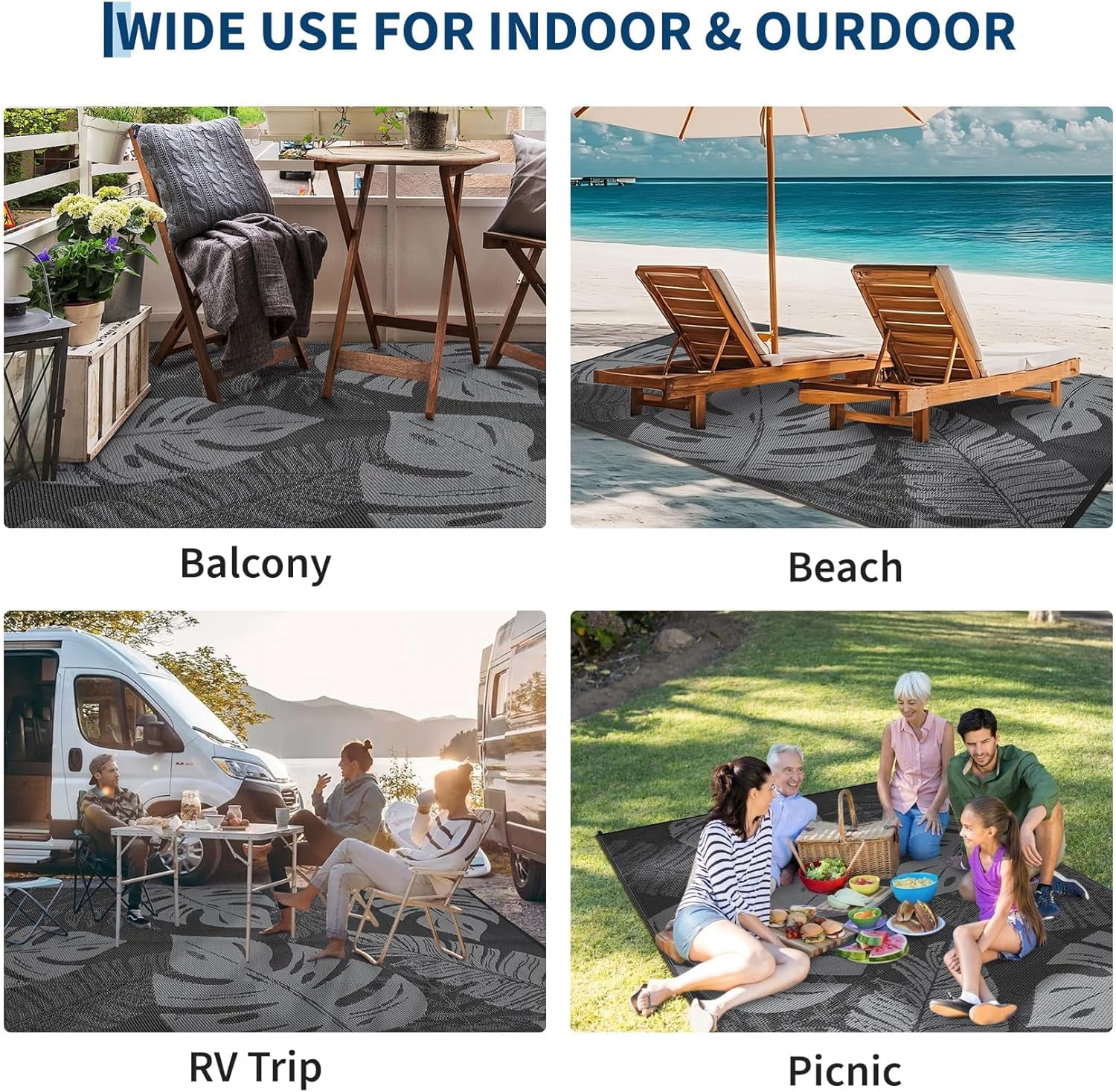 Funslane Outdoor Rug 8' x 10', Waterproof Plastic Straw Mat, Foldable & Reversible, Indoor Outdoor Rugs for Patio, Deck, RV, Beach, Picnic, Black/Gray