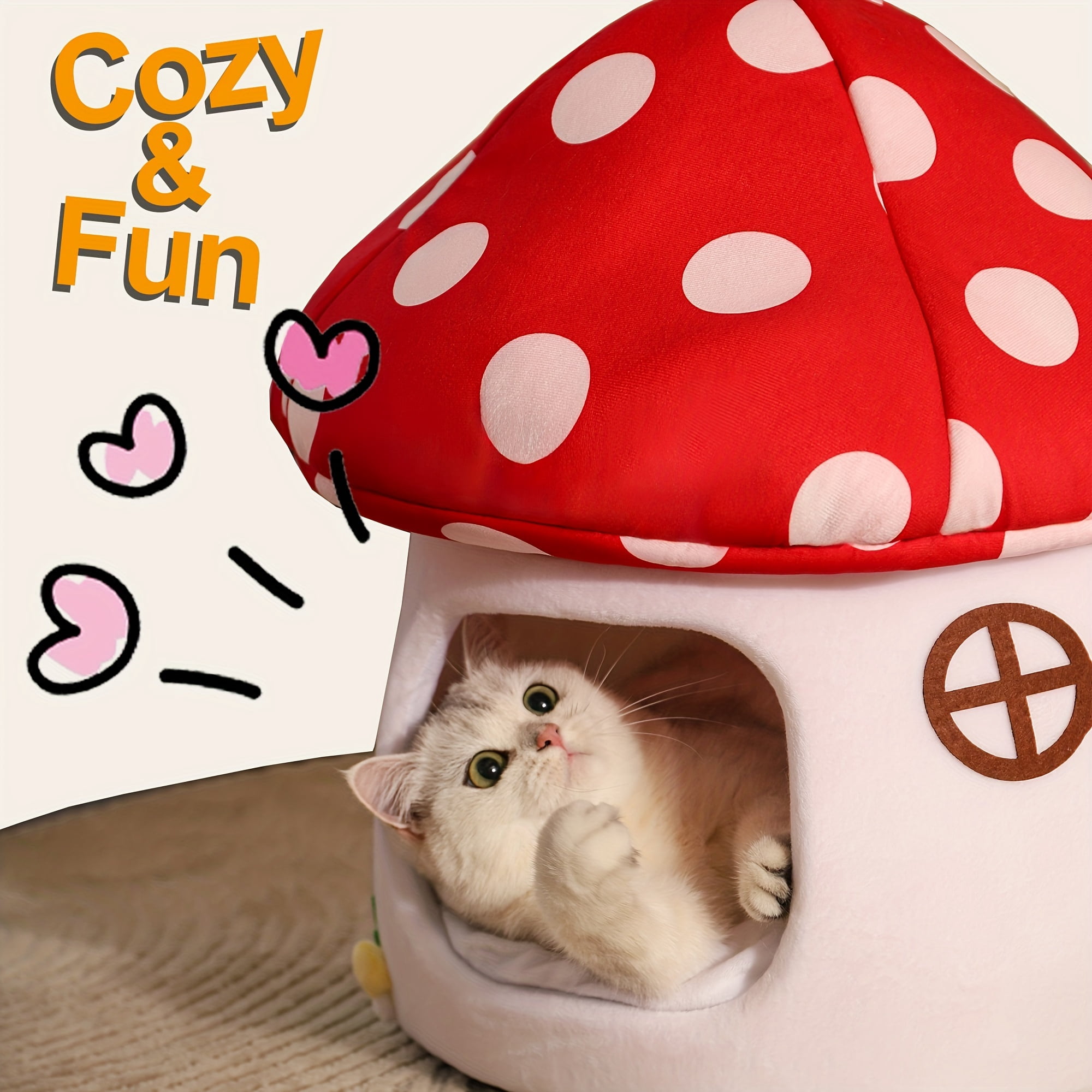Cute Cat Bed Cave for Indoor Highland Mushroom Shaped Pet Plush House Self-Warming Nest Small Dogs Rabbits with Removable Cushion for Puppy Bed with Hanging Toy (Red Mushroom)