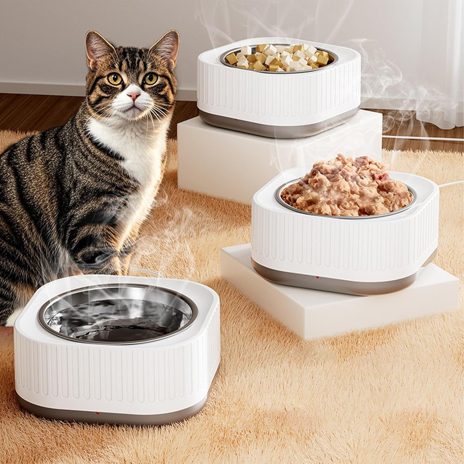 Heated Pet Water Bowl for Cats & Dogs, 220ml Auto Thermostatic (95-104°F), IP67 Waterproof with Anti-Chew Cord for Outdoor Winter Use(XX-B Gray)