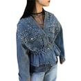 thumbnail image 1 of Chaqueta Vaquera de Motociclista con Cuello en V y Botones para Mujer, con Cuentas y Cintura Ceñida, Ropa de Calle de Otoño A . Azul XXL, 1 of 10