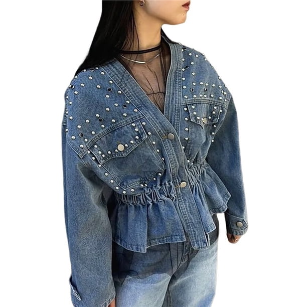 Chaqueta Vaquera de Motociclista con Cuello en V y Botones para Mujer, con Cuentas y Cintura Ceñida, Ropa de Calle de Otoño A . Azul S