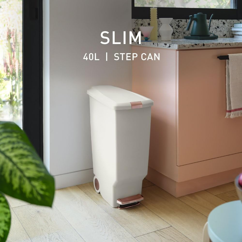 simplehuman Kitchen Trash Can, 10.6 Gallon Plastic Step Garbage Bin with Secure Slide Lock Lid, Cream