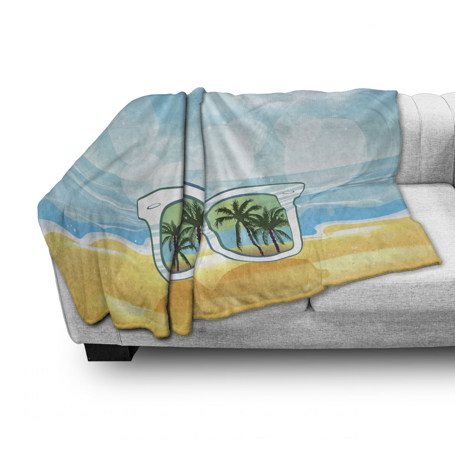 Ambesonne Tropical Soft Flannel Fleece Throw Blanket 60 x 80 Cozy Plush for Indoor and Outdoor Use Beach View on with Sunglasses Reflection Summer Time Joyful Holiday Baby Blue Mustard White
