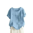 thumbnail image 2 of Cuoff Blouses for Women Fashion Casual Temperament Round Neck Vintage Cotton and Hemp Solid Button Short Sleeve T-Shirt Womens Tops Sky Blue 3X, 2 of 5