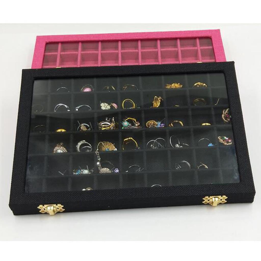 54 Grids Jewelry Tray Case Velvet Display Box Holder Storage Organizer - Black
