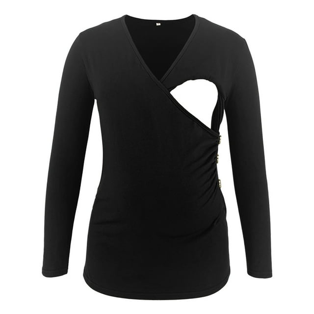 Jchiup Maternity Shirt Side Button and Ruched Long Sleeve Tunic Nursing Tops