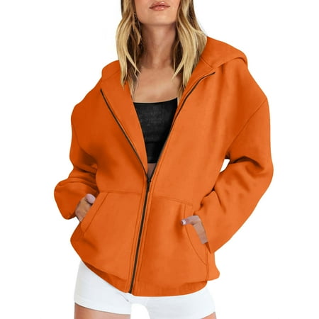Womens Zip Up Hoodie Womens Casual Long Sleeve Sweatshirt with Pockets Solid Color Hoody Jackets Spring Fall Cardigan Cotton Loose Fit Zipped Sweater Tops 01-orange L