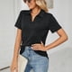 thumbnail image 5 of Camisa de mujer Top Color puro Mangas cortas Cuello vuelto con bolsillo Camisa de verano Top Negro S, 5 of 7