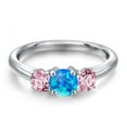 thumbnail image 3 of Gem Stone King 1.00 Cttw Simulated Blue Opal and Pink Lab Grown Diamond Engagement Ring for Women | 925 Sterling Silver | Round Cabochon 5MM | Three Stone Wedding Engagement Anniversary Ring | Size 9, 3 of 6