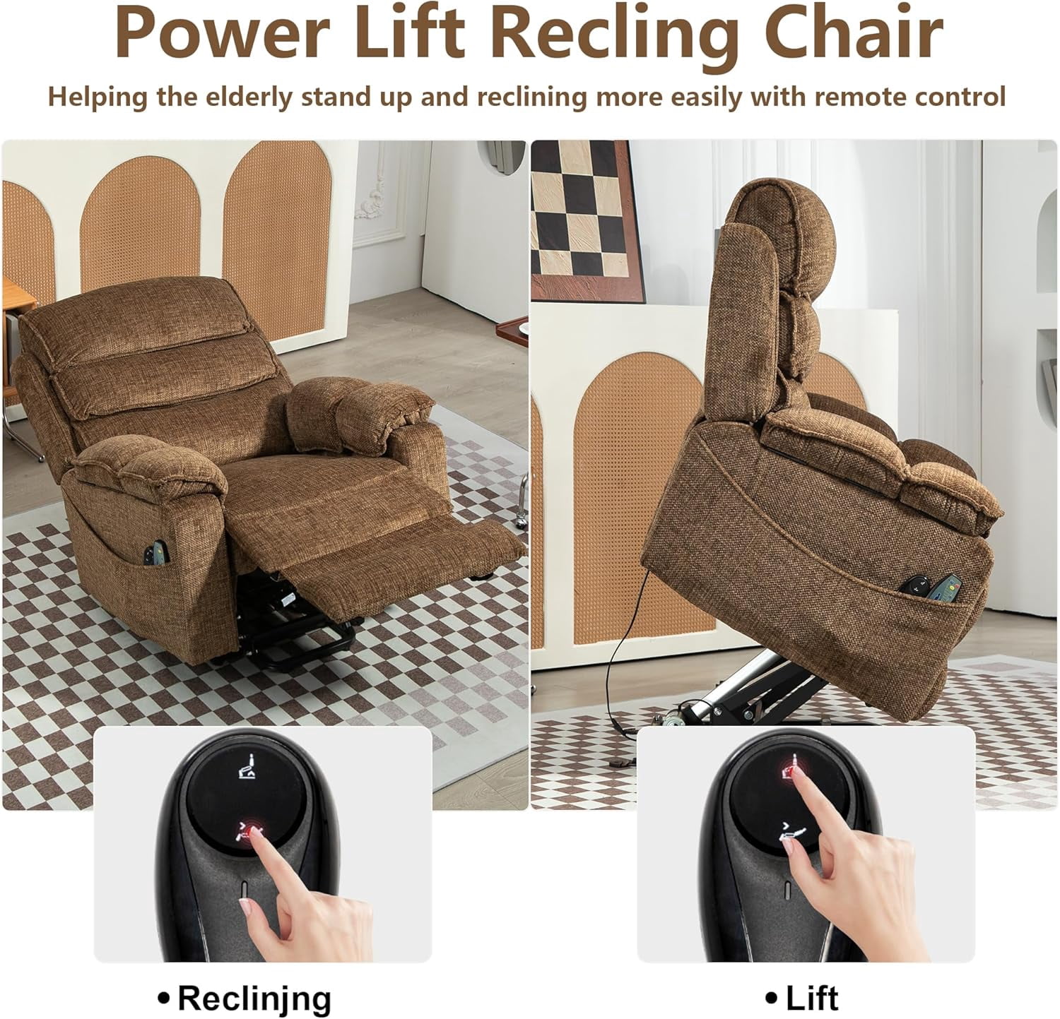 Power Lift Chair with Heat and Massage for Elderly Big Man 400lb, 27in Extra Wide Lay Flat Recliner with Hidden Cup Holders, Infinite Position Lifting Recliners for Seniors, Extended Footrest