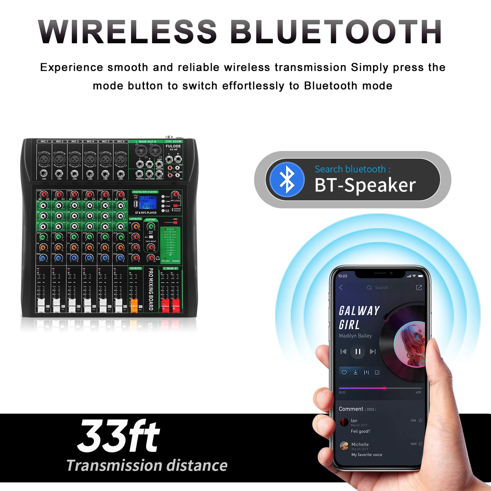 6 Channel Audio Mixer, Professional DJ Mixer Board Sound Music Mixing Console Digital Mixer with Reverb, Bluetooth, USB Port, 48V Phantom Power for Recording Karaoke Podcasting