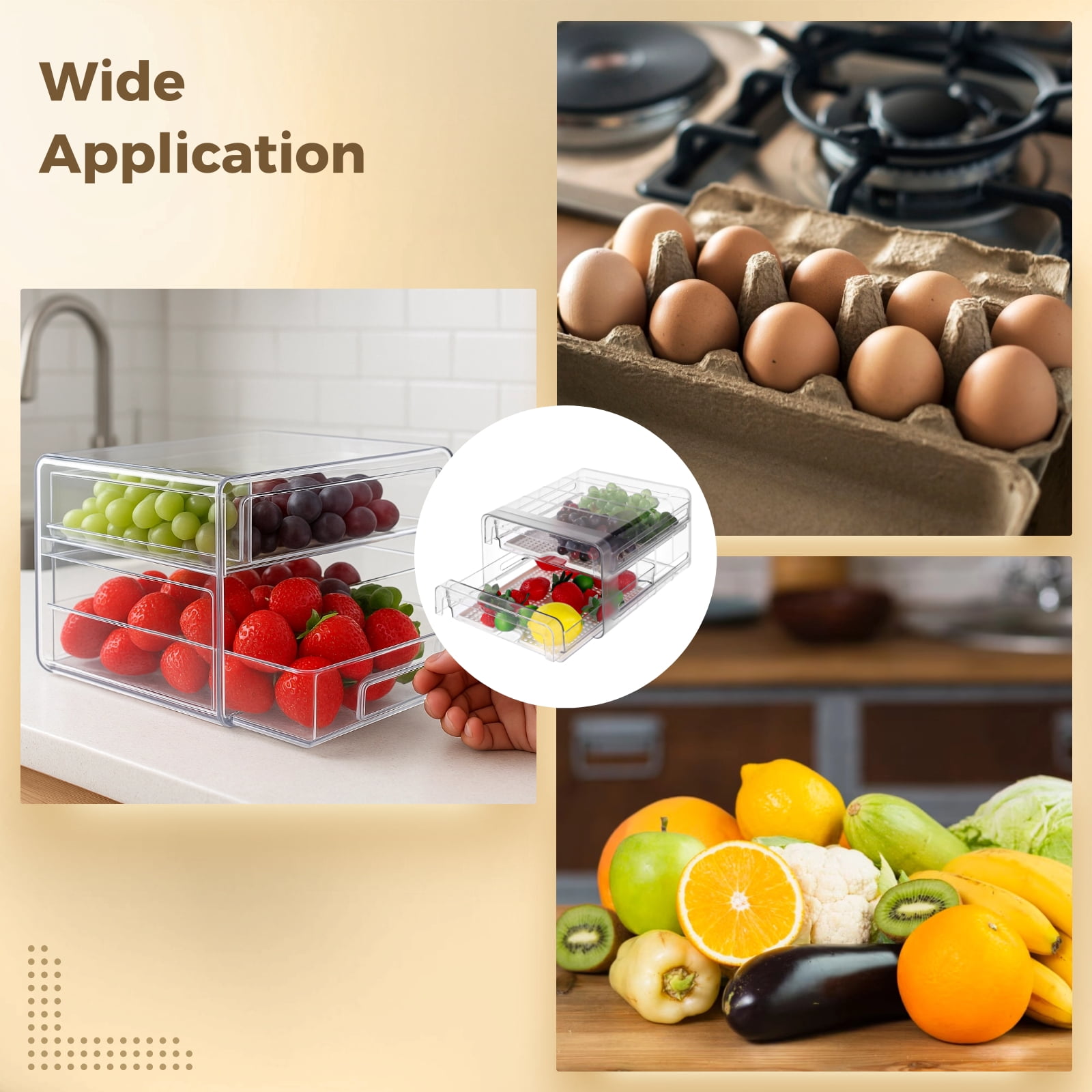 2 Layers Refrigerator Organizer, Clear Stackable Fridge Drawer Pull Out Fridge Storage Containers, Double Layer Plastic Refrigerator Organizer Bins with Drain Tray for Fruits, Vegetables, Eggs