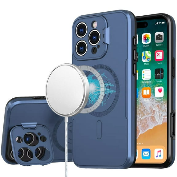 For iPhone 16 Pro Max 6.9 inch Magnetic Ring Circle Camera Cap KickStand Hybrid UV Paint Matte Finish Case - Blue