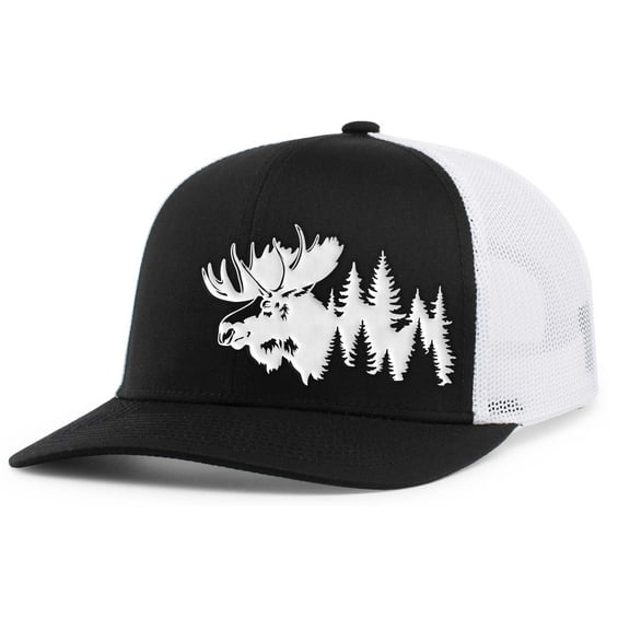 Heritage Pride Mens Hunting Hat Forest Scenic Moose Head Mesh Back Trucker Hat, Black/White