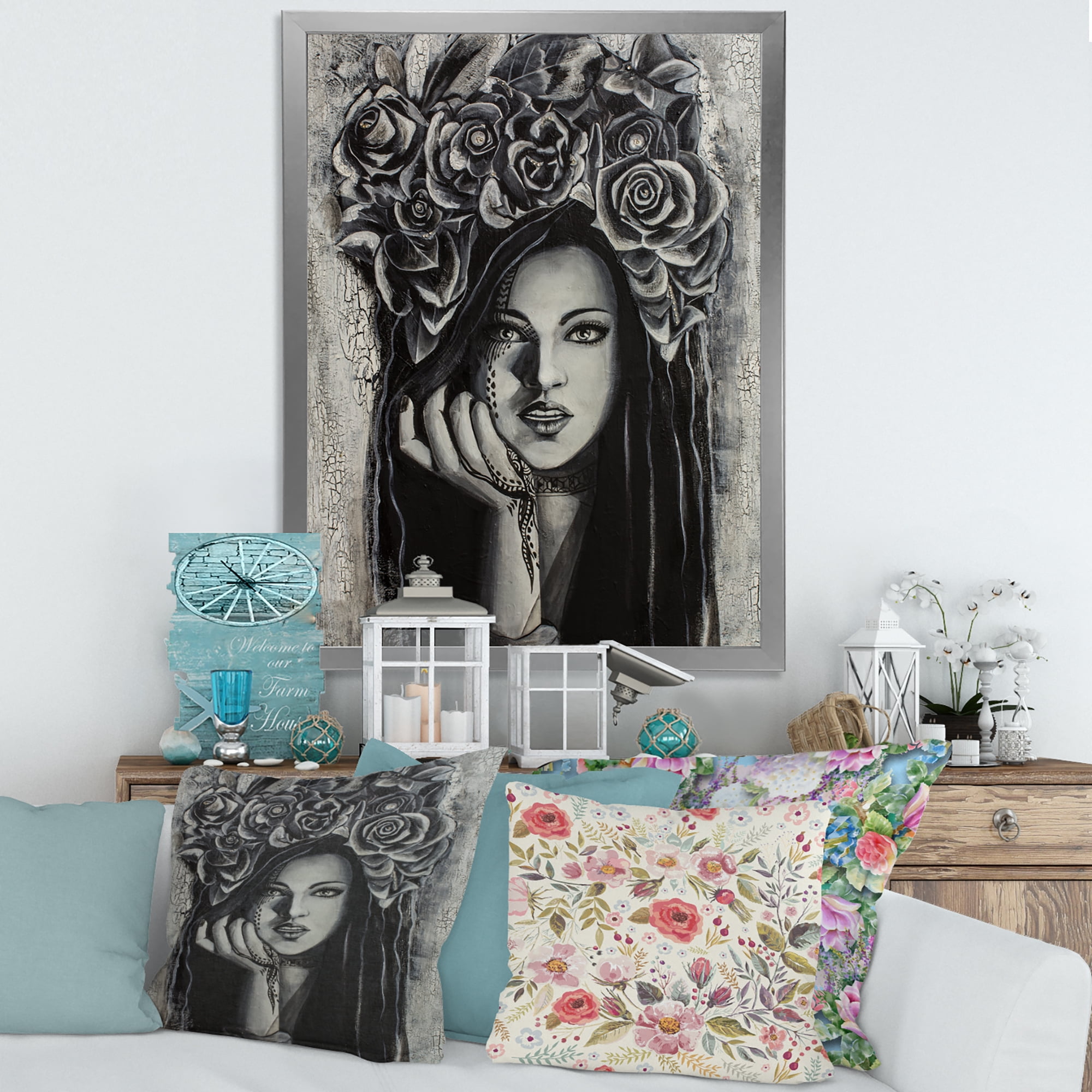 Designart 'Portrait Of A Young Woman With Flowers III' Modern Framed Art Print