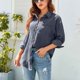thumbnail image 4 of Camisa casual con botones para mujer, blusa holgada de manga larga con cuello vuelto, Tops con bolsillo para trabajo de oficina, gris oscuro S, 4 of 7