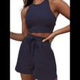 thumbnail image 1 of Conjuntos de Verano para Mujer, Conjunto Informal de 2 Piezas con Top Corto y Pantalones Cortos de Punto Gofre, Ropa de Dormir, Azul Marino, Talla S, 1 of 8