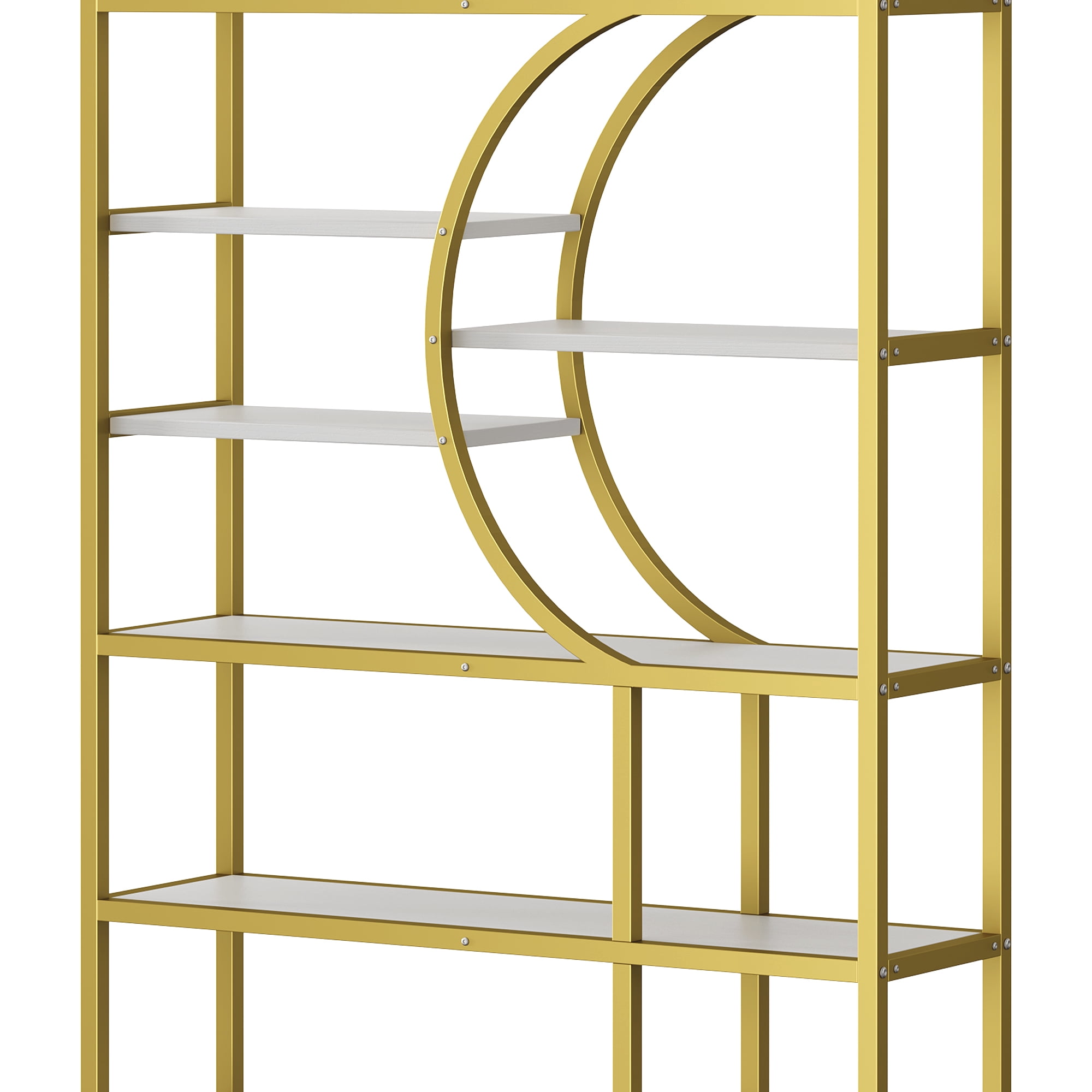 Dextrus 7-Tier Gold Bookshelf, 71" Tall Etagere Bookcase with Metal Frame, Geometric Large Book Shelves for Bedroom, Living Room, Home Office, Rustic Brown