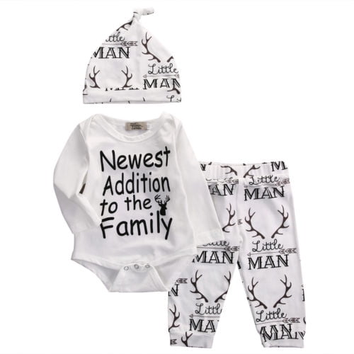 Kmbangi 3pcs Infant Christmas Clothes Set, White Romper Long Pants + Cap