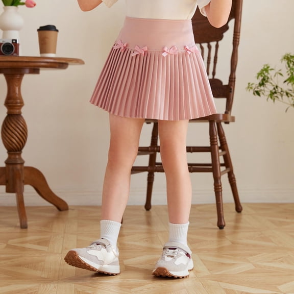 Girls Pleated Skirt with Bow High Waisted School Uniform Skirt for Kids Kids to Teens Pink Polyester Mini Skirt,Size 3-4 T