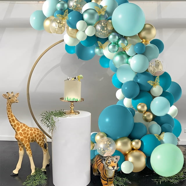 JTWEEN Ensemble de 133 Pcs Guirlande de Ballons Sarcelle Foncé avec Arche, Ballons Bleu Vert à Double Rembourrage, Ensemble de Ballons Turquoise Pailletés Réutilisables avec Papillon, Latex, Ballons Métalliques Dorés