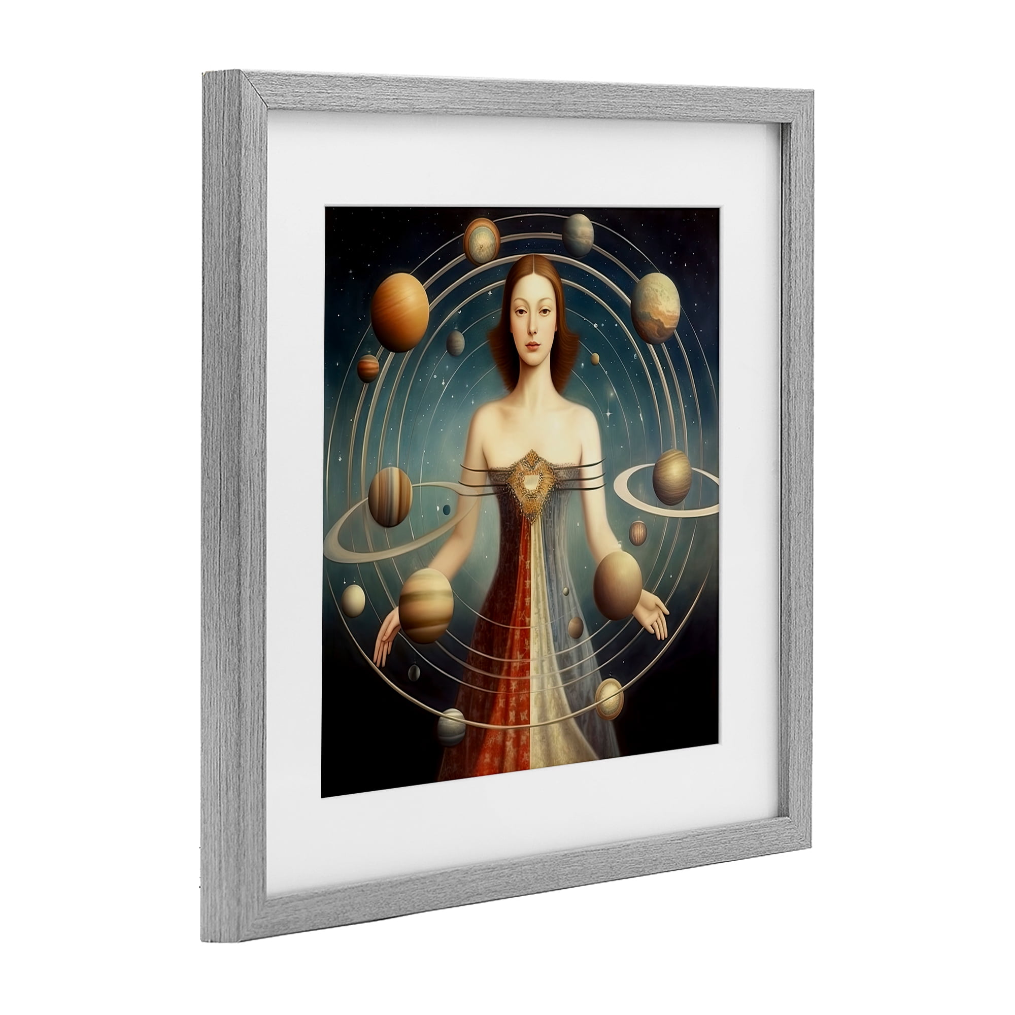 Galactic Orbits Woman Gray Framed Print Under Glass, design by Sasha