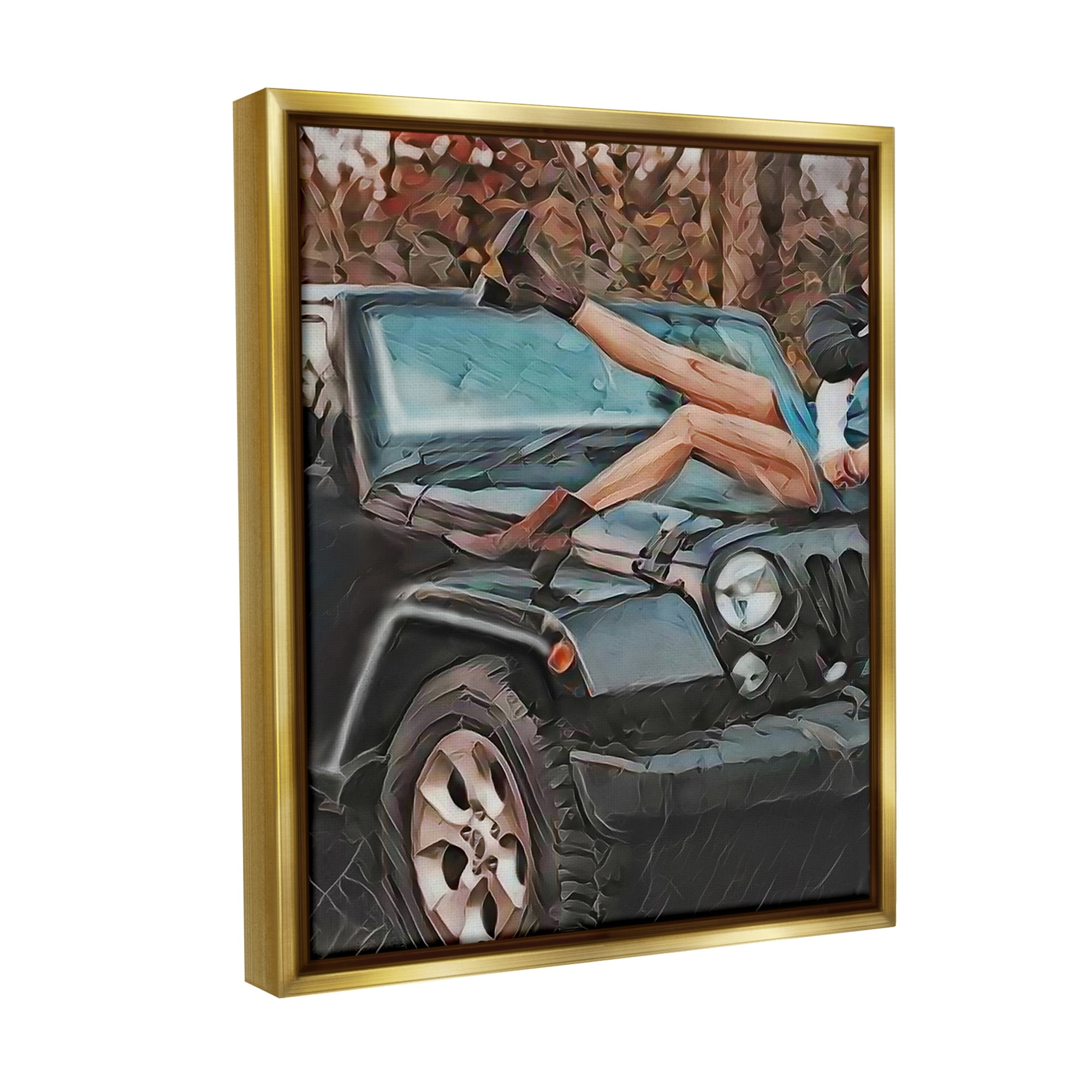 Stupell Industries Cowgirl on Car Hood Transportation Painting Gold Floater Framed Canvas Art Print Wall Art, 17 x 21