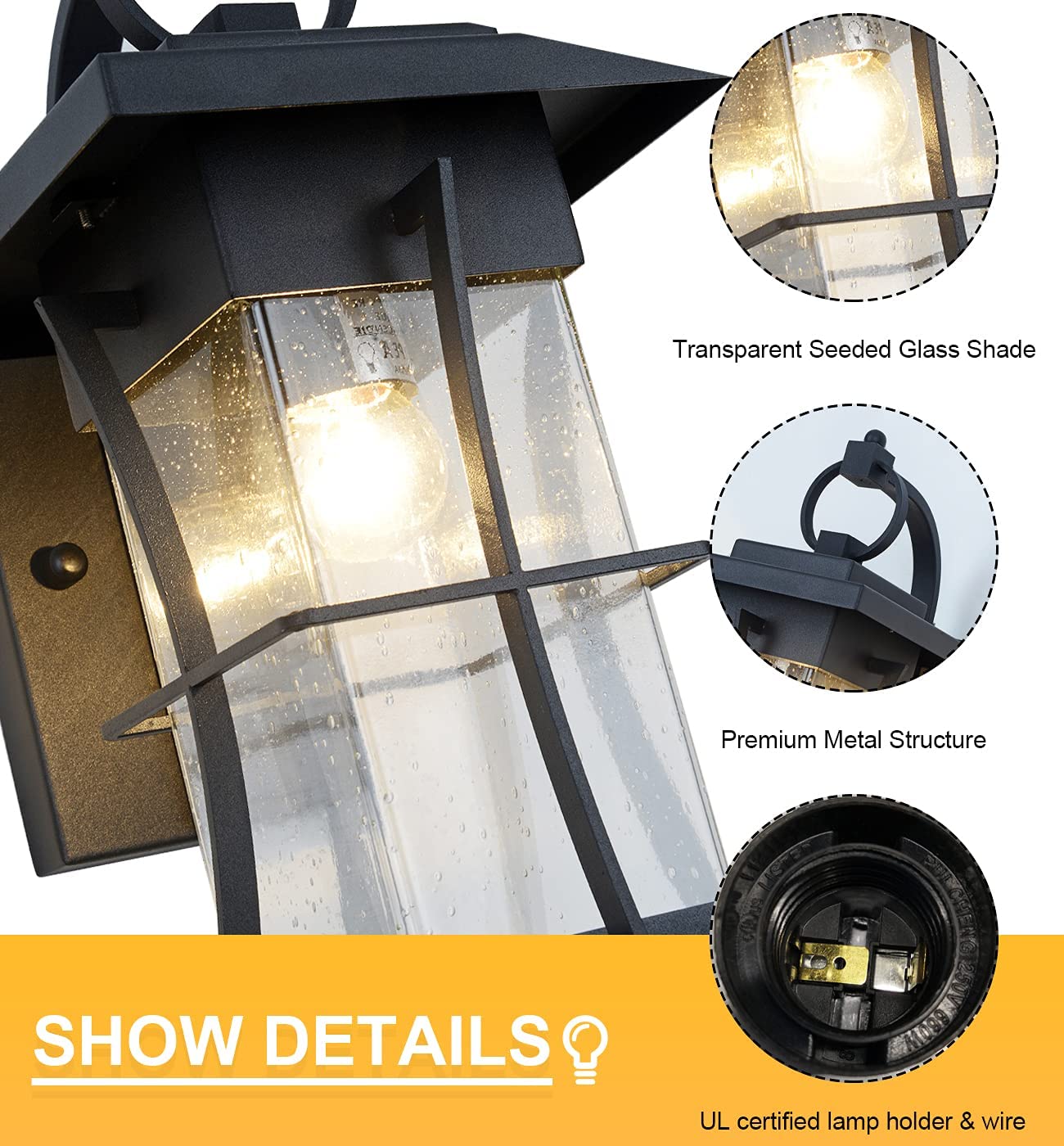 Dusk to Dawn Wall Lantern Exterior Light Fixtures Wall Mount Porch Light  with Photocell Sensor Waterproof Outside Wall Lights for House Patio Garage  Black with Seeded Glass
