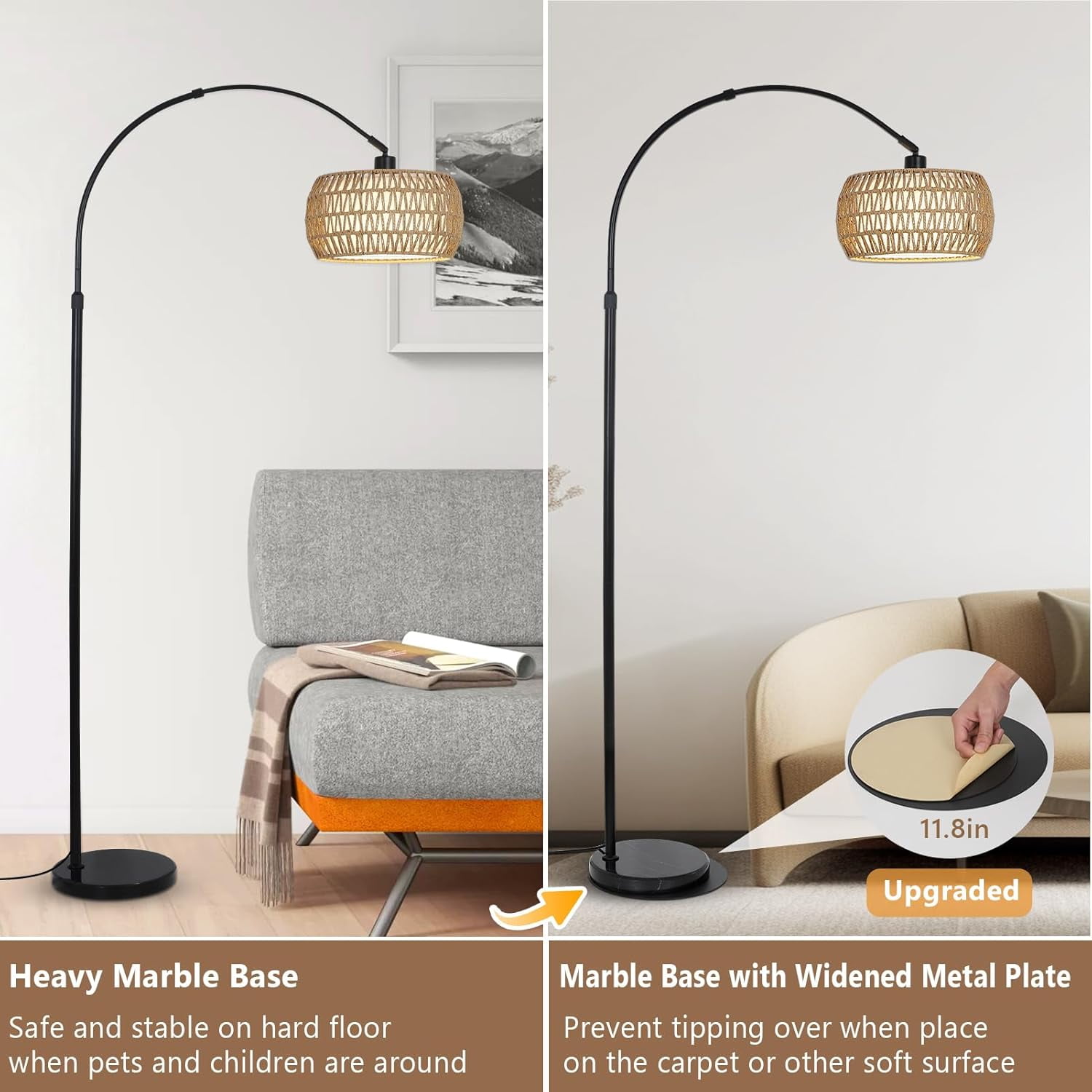 Arc Floor Lamp for Living Room, Black Standing Lamp with Remote and Dimmable LED, Rattan Boho Design