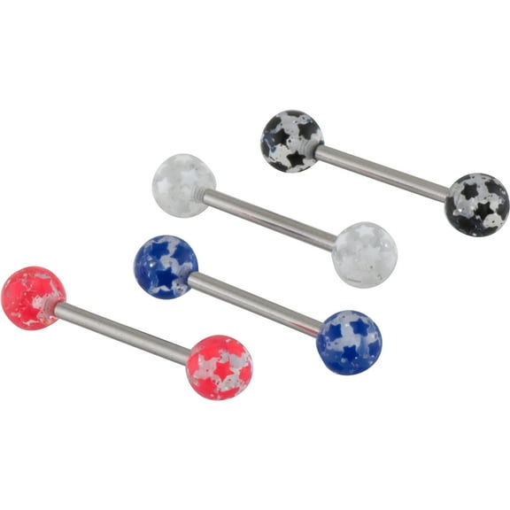 Hot Silver Surgical Steel Multicolor Star Beads Tongue Barbell Set – 5 Pack