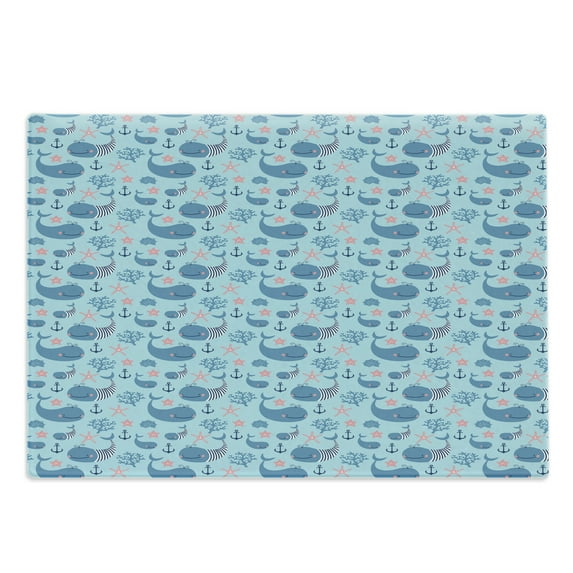 Whale Cutting Board, Happy Smiling Sea Animals with Coral Reef Anchor Starfish and Shells, Decorative Tempered Glass Cutting and Serving Board, Large Size, Pale Blue Navy Blue, by Ambesonne