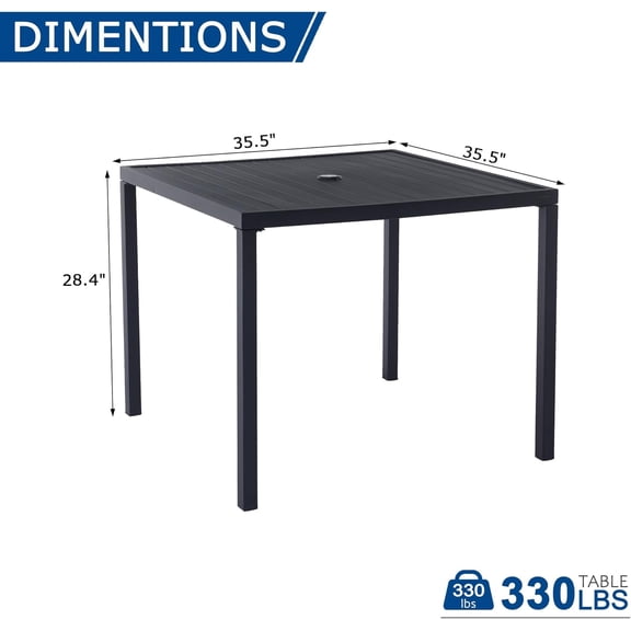 Square Outdoor Dining Table for 4, Metal  Dining Table with Umbrella Hole for Garden, Backyard and Deck, Black