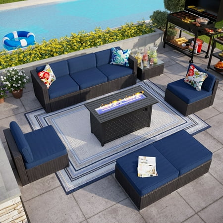 MF Studio 9 Pieces Outdoor Sectional with Propane Fire Pit Table with Lid