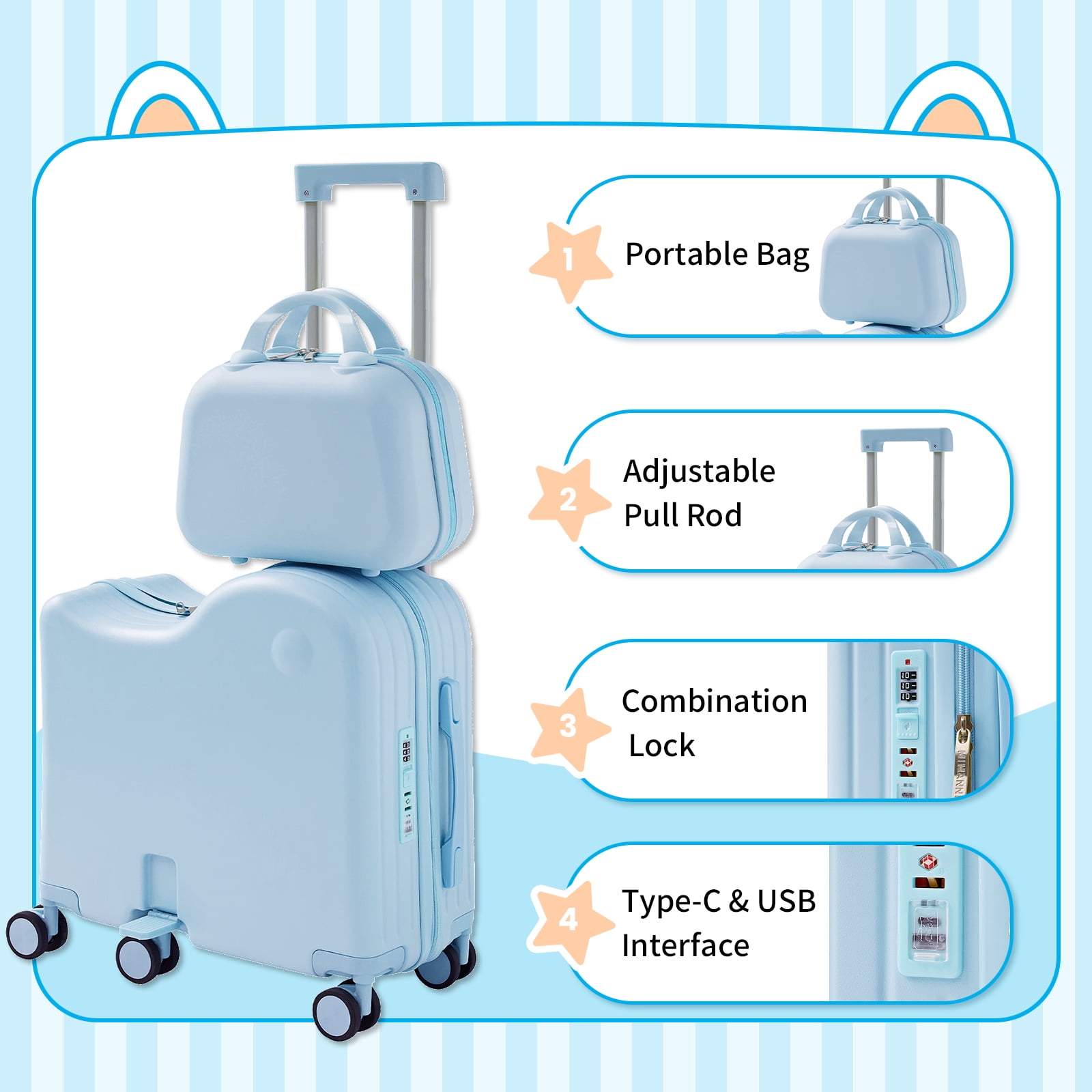 TABU Ride on Luggage with Handbag for Kids , Hardshell Carry on Suitcase with 6-Wheels,Hidden Cup Holder,Foldable Pedal,Blue