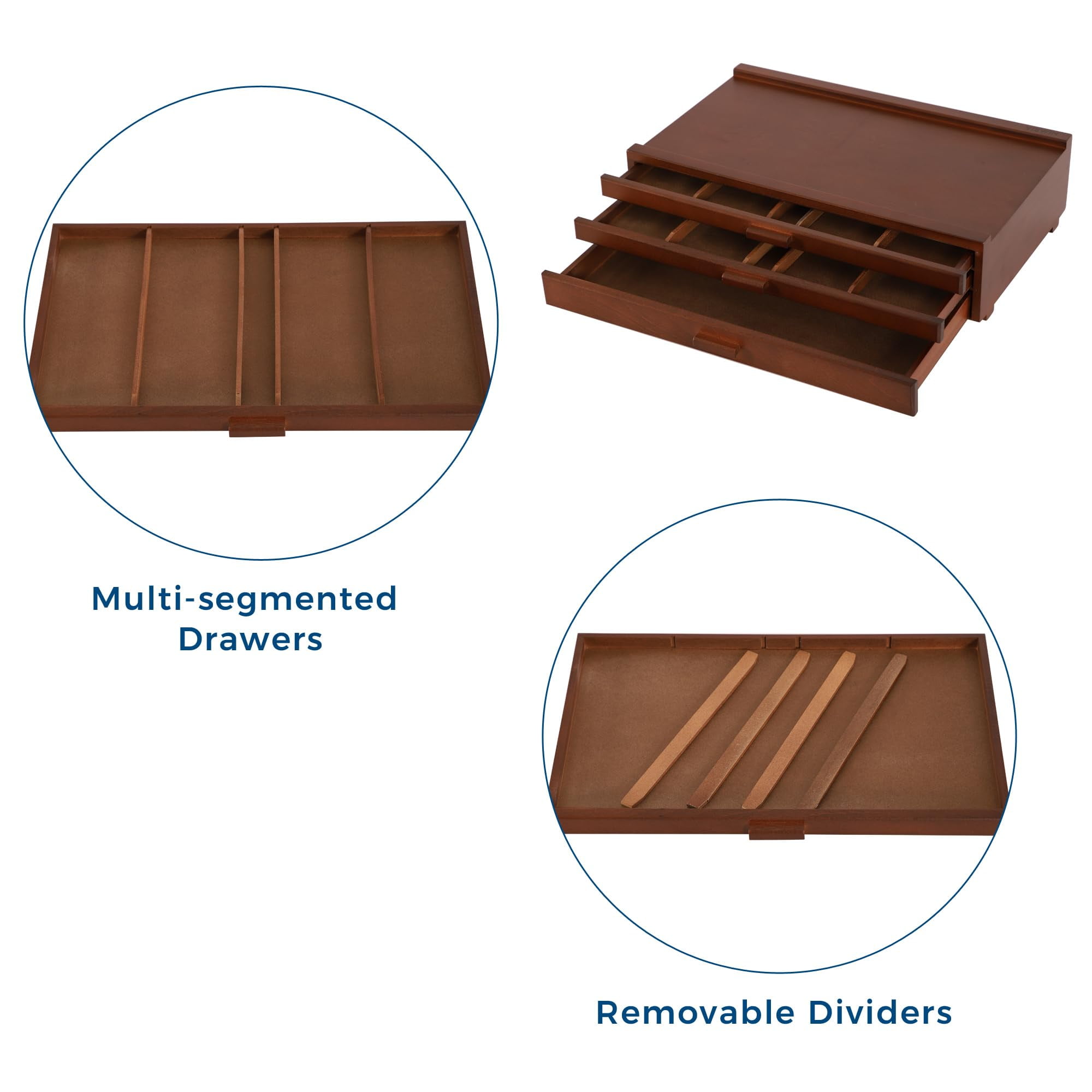VISWIN 3-Drawer Wood Artist Supply Storage Box with Detach Dividers-Walnut