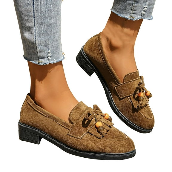 Womens Loafers Comfy Slip on Business Casual Shoes Soft Suede Tassel Round Toe Low Heel Dressy Penny Loafers Khaki Size 9