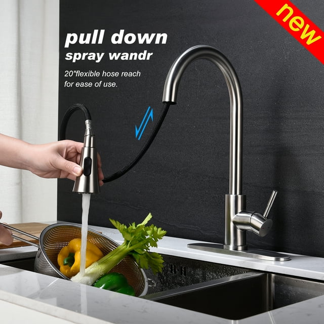 Robinet de Cuisine avec Pulvérisateur Rétractable Tête de Pulvérisation Trou Unique 3 Trous avec Plaque Noir Mat/or/nickel Brossé Inox