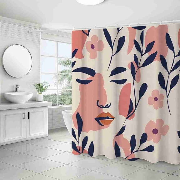 70x70 inch Abstract Boho Woman Face and Floral Shower Curtain, Waterproof Polyester Fabric with Hooks for Bathroom Decor
