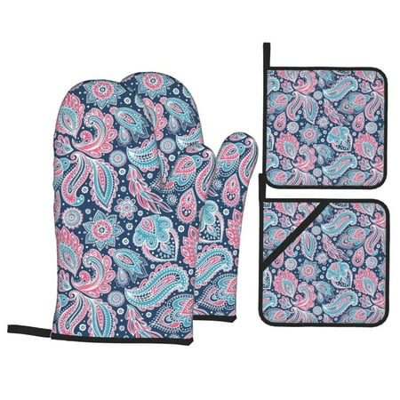 

Oven Mitts and Pot Holders Sets 4 pcs Blue Pink Paisley Non-Slip Oven Gloves Potholders Soft Quilted Lining Heat Resistant Gloves Hot Pads for Kitchen Cooking Baking