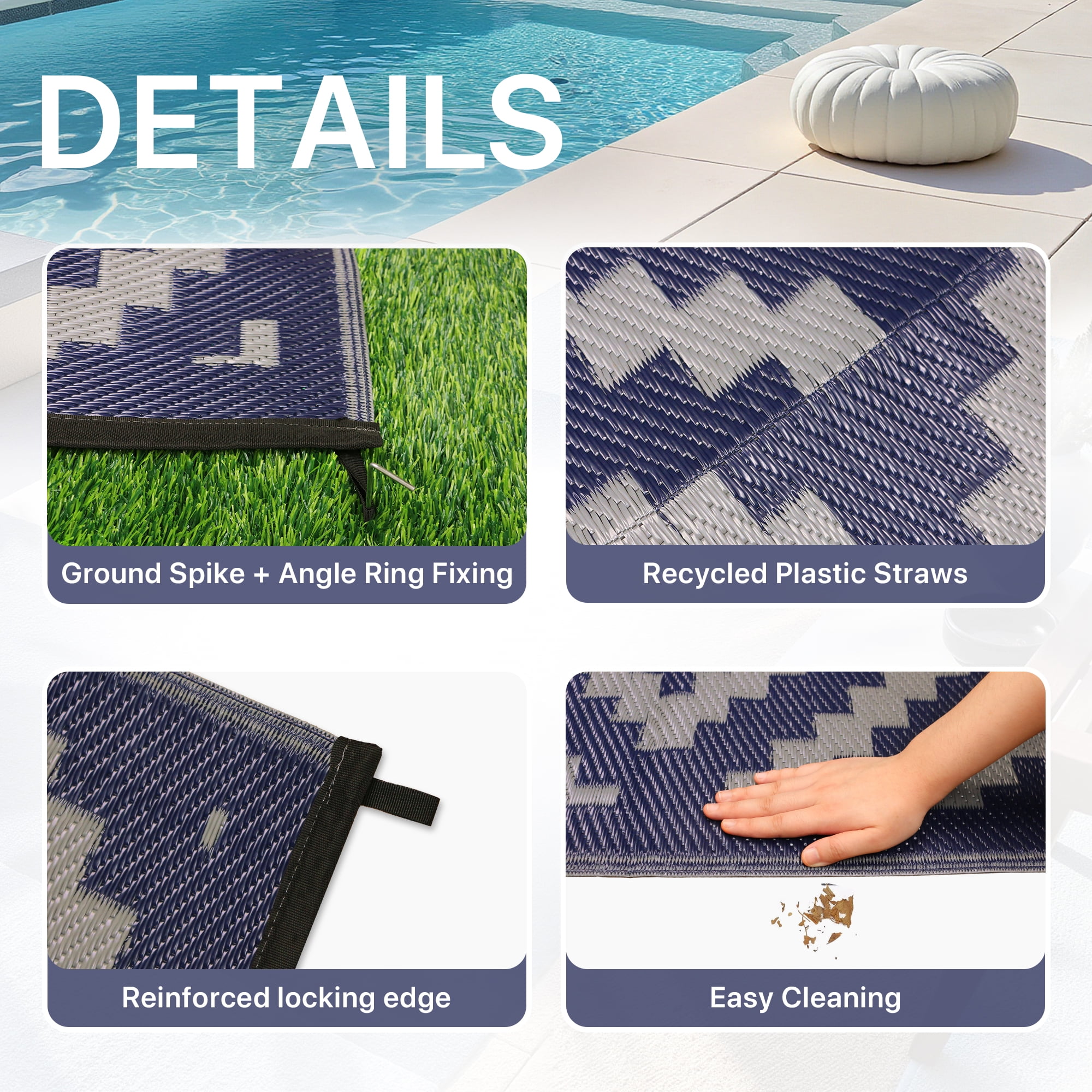 DEORAB Outdoor Rugs Waterproof Plastic Straw Mat 9'x12' Reversible for RV Patio Deck Beach Blue & Grey