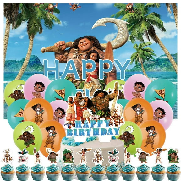 30PCS For Moana Theme Party Decorations,With 13 Cupcake Toppers,16 Balloons,5*3ft Birthday Backdrop Decorations,for Birthday Party Decorations