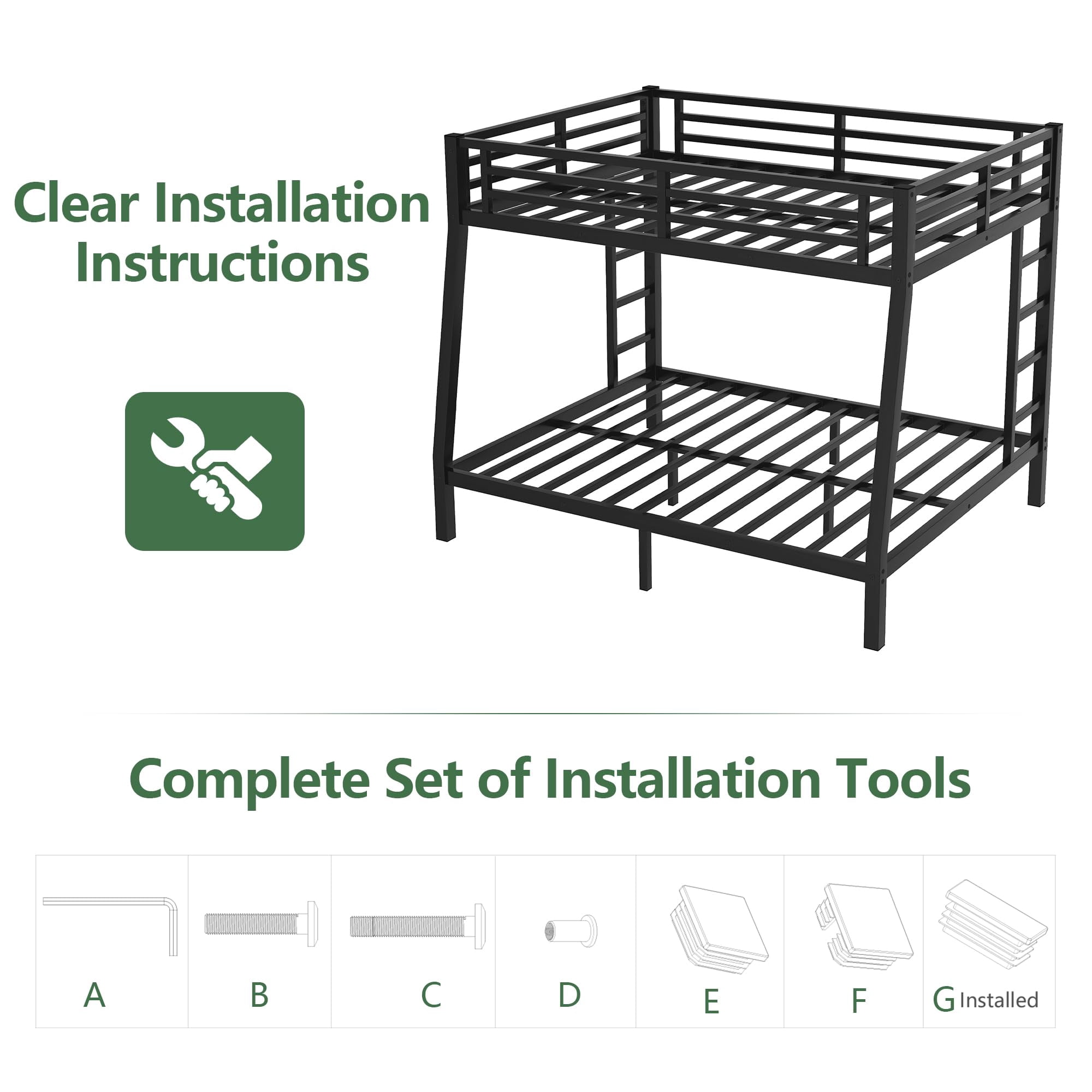 Miniyam Full XL over Queen Metal Bunk Bed with 2 Ladders, Heavy Duty Noise-Free Frame with Guardrails, No Box Spring Needed, for Adults, Black
