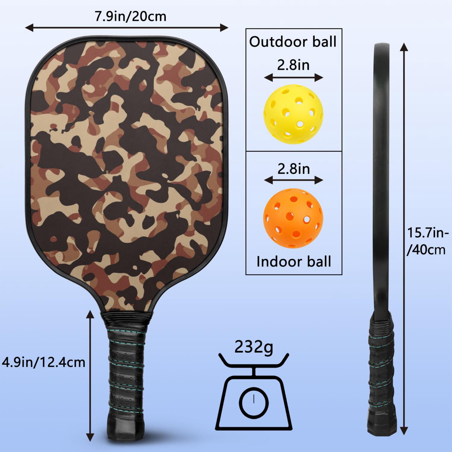 Pickleball Paddles Set Of 1, Fiberglass Surface, Camouflage Print, 1 Paddle, 2 Balls & Bag