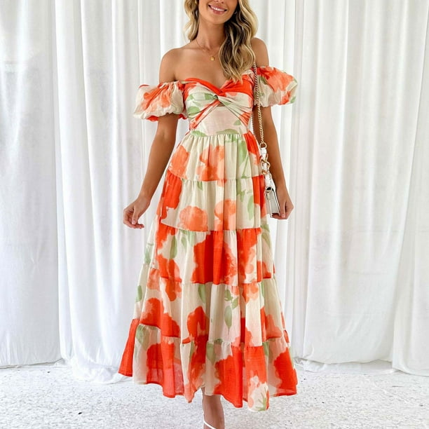 Pisexur Womens Dresses Slip Shoulder Floral Print Maxi Dress Strapless Prom  Dresses Front Twist Tunic Sun Dress Ruffle Hem Tiered Flowy Cocktail Dress  Summer Casual Boho Formal Long Dress - Walmart.ca