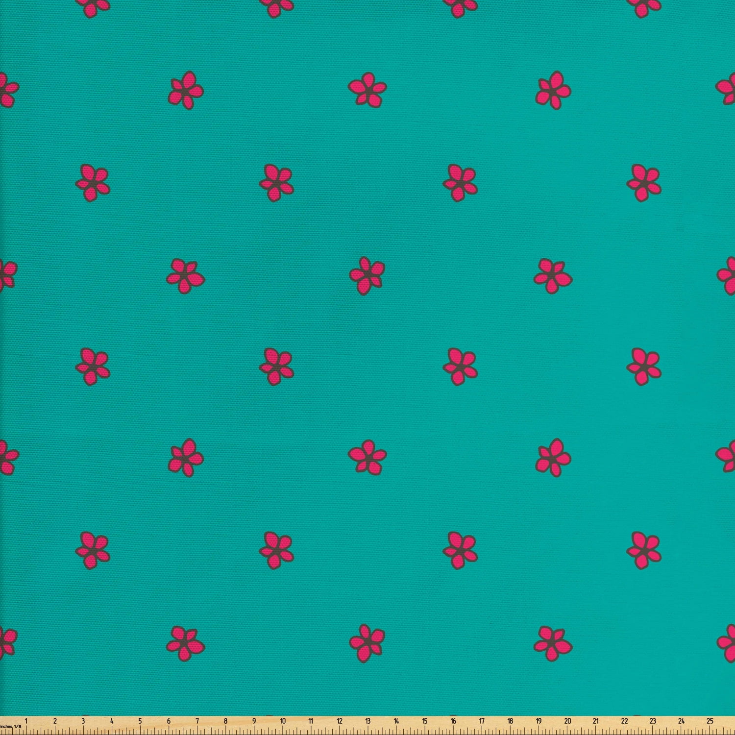 Teal Fabric by The Yard, Hand Drawn Pink Wild Flowers Pattern on Teal