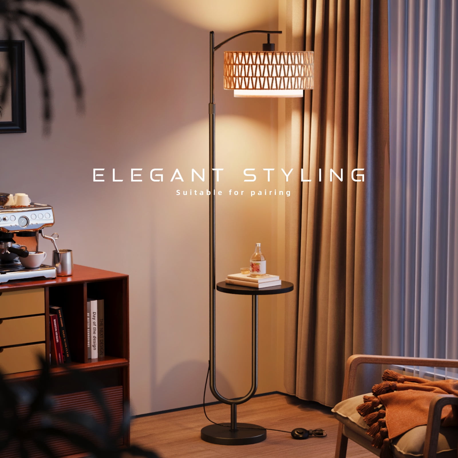 Fenbeli Floor Lamp with Table for Living Room, Dimmable LED Standing Lamp with Shelf, Tall Modern Reading Lamp