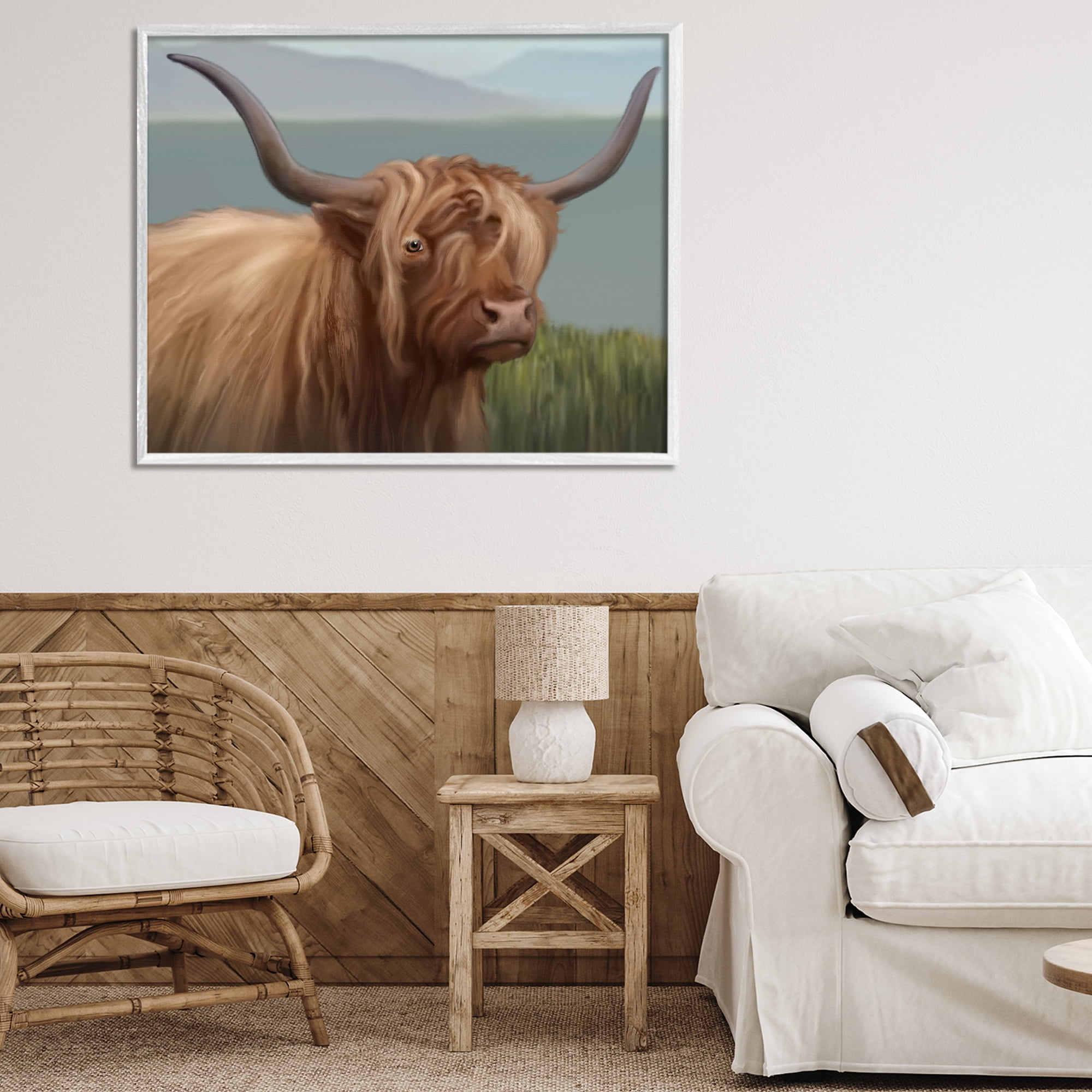 Stupell Industries Scottish Highland Cattle Landscape White Framed Giclee Art, design by Matthew Piotrowicz